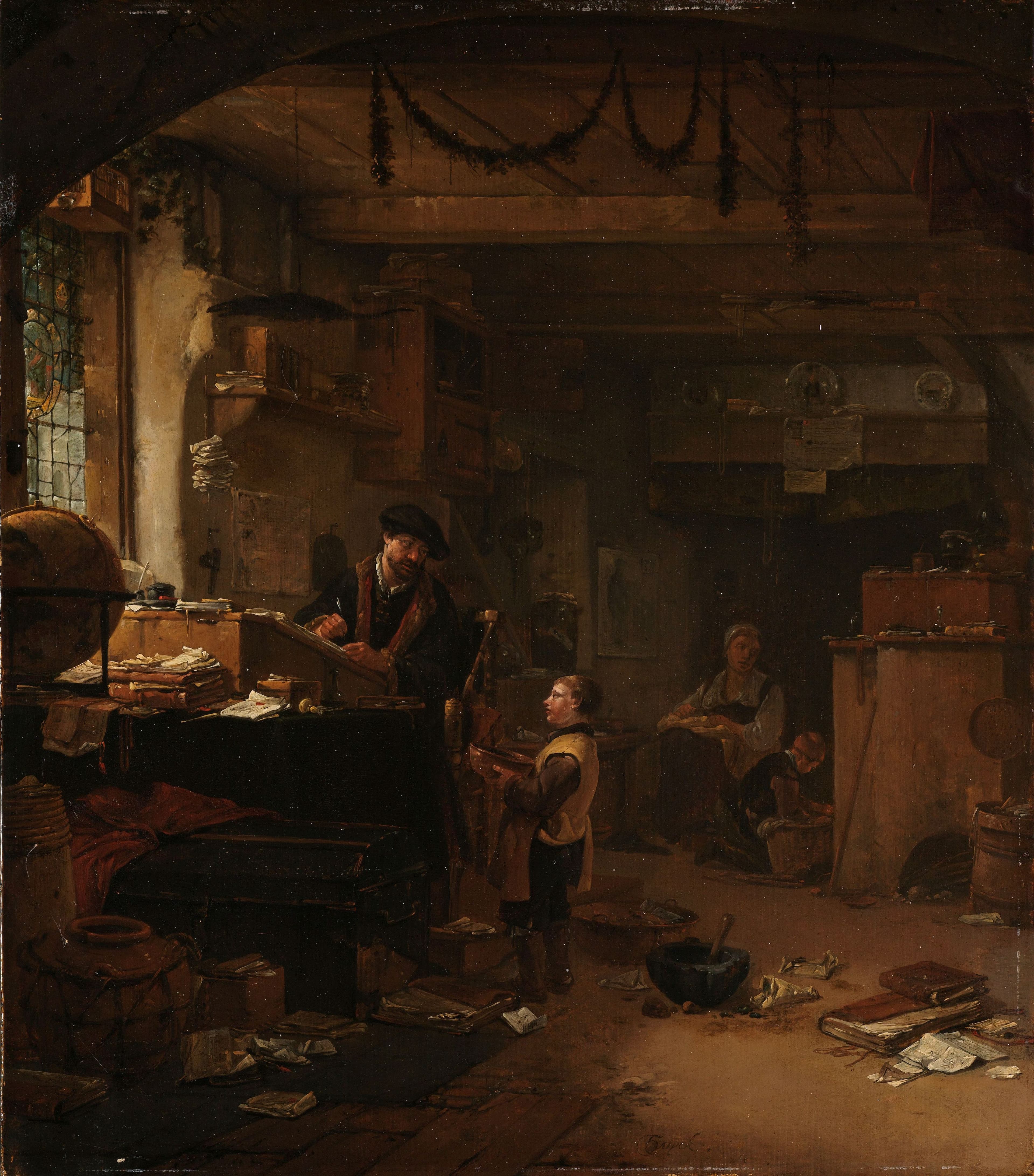 An alchemist working among vessels and instruments in a shadowed workshop