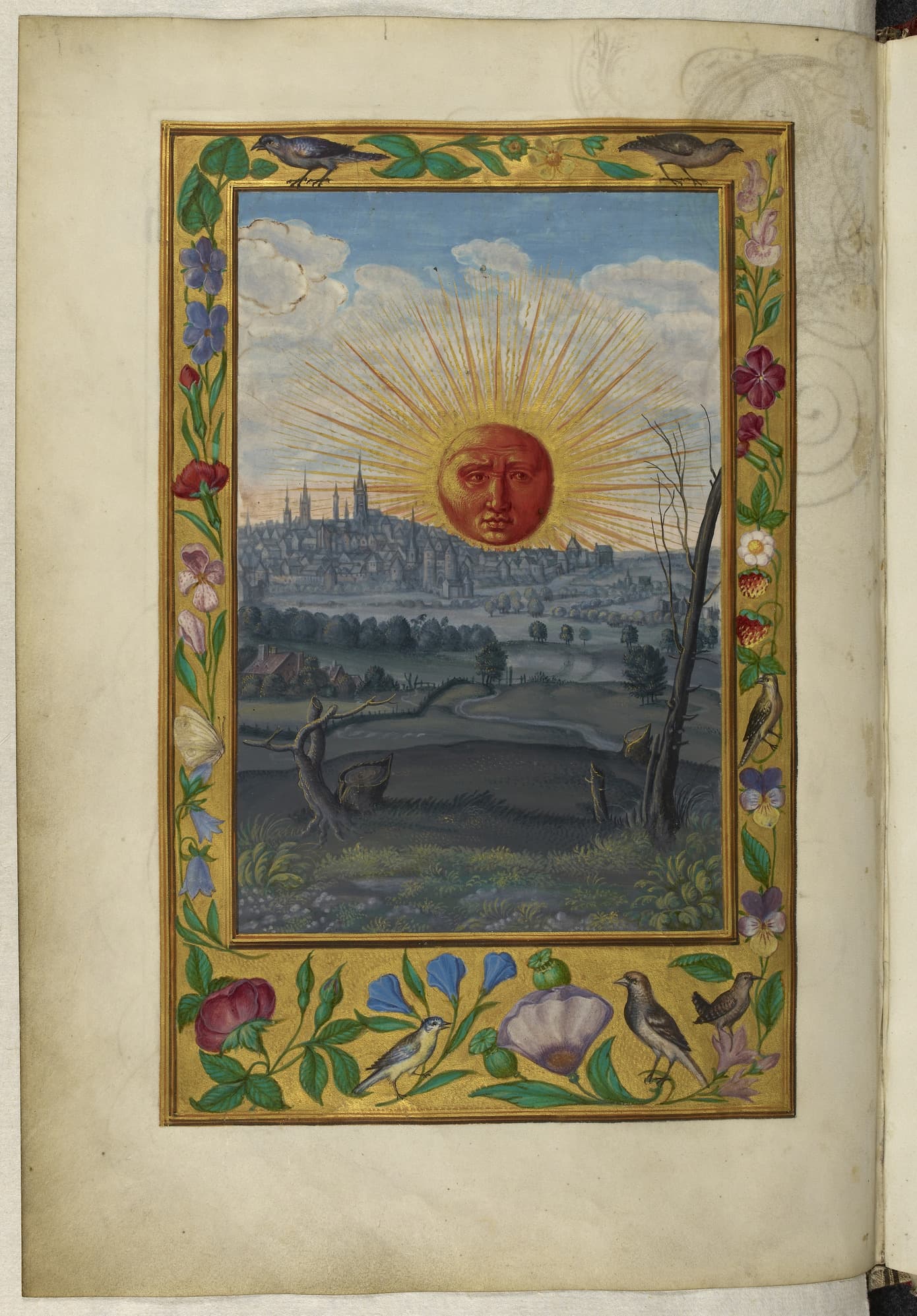 Sun with human face rising over a city, from the Splendor Solis manuscript